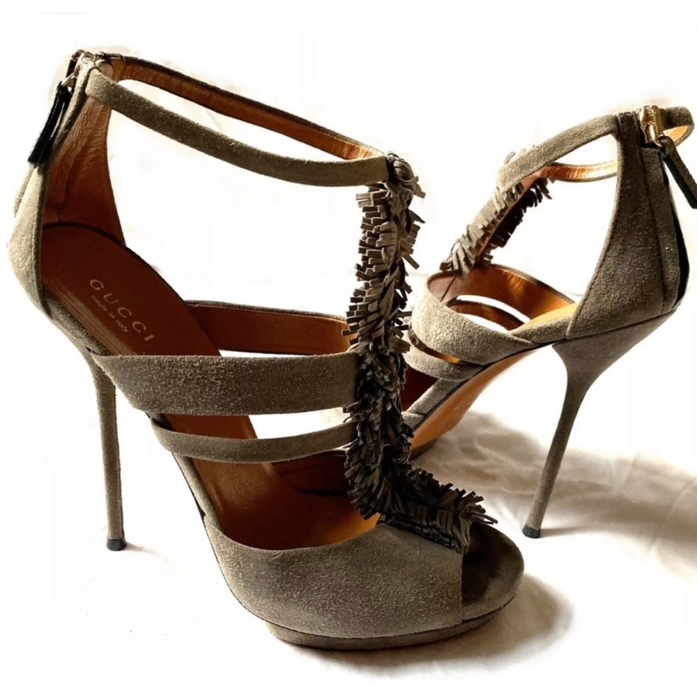 Gucci Taupe Gray Suede Heeled Sandals, Fringe, Platform, Size 37, 6.5 US